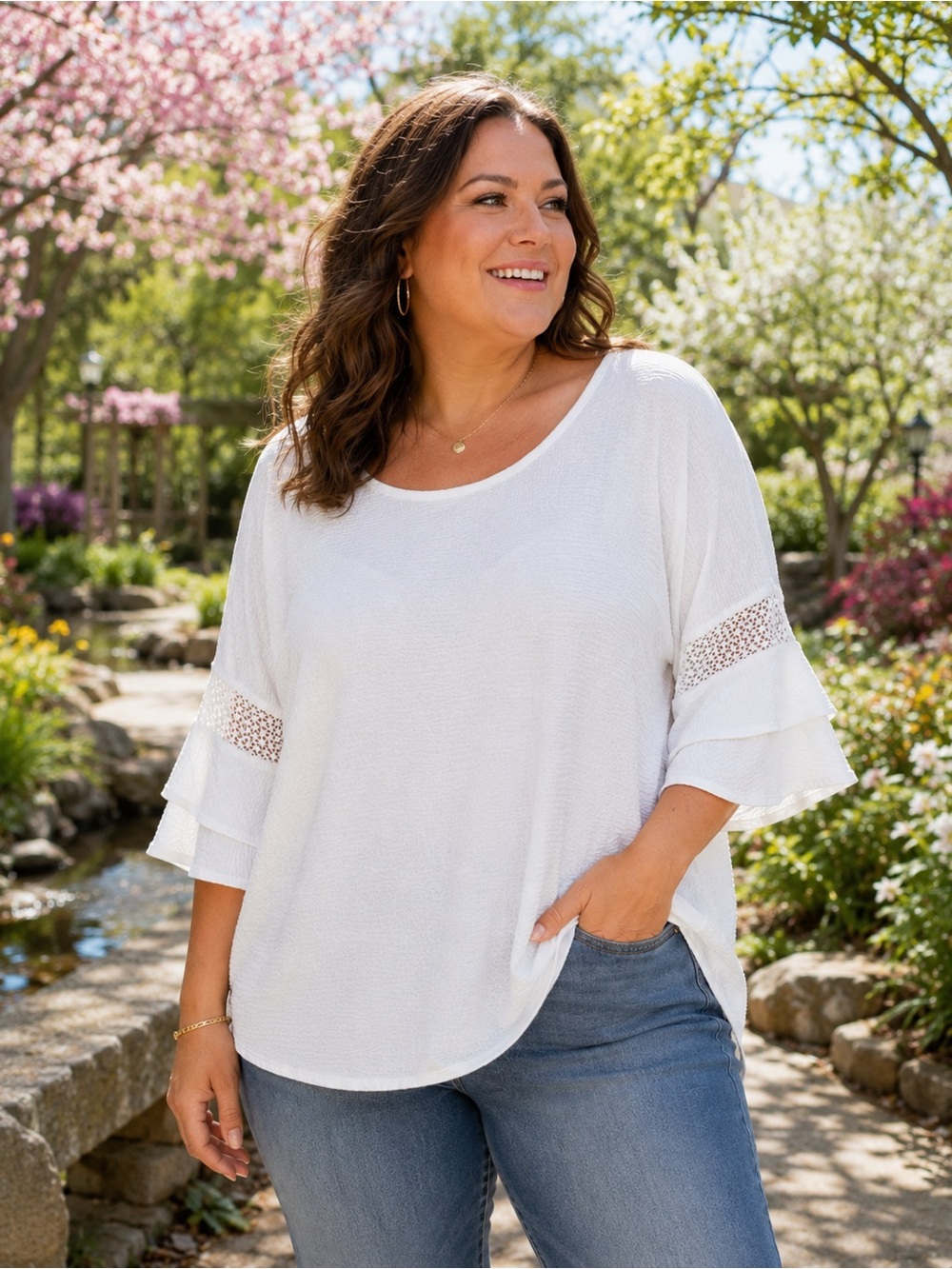 Pleione White Textured Ruffle-Sleeve Blouse